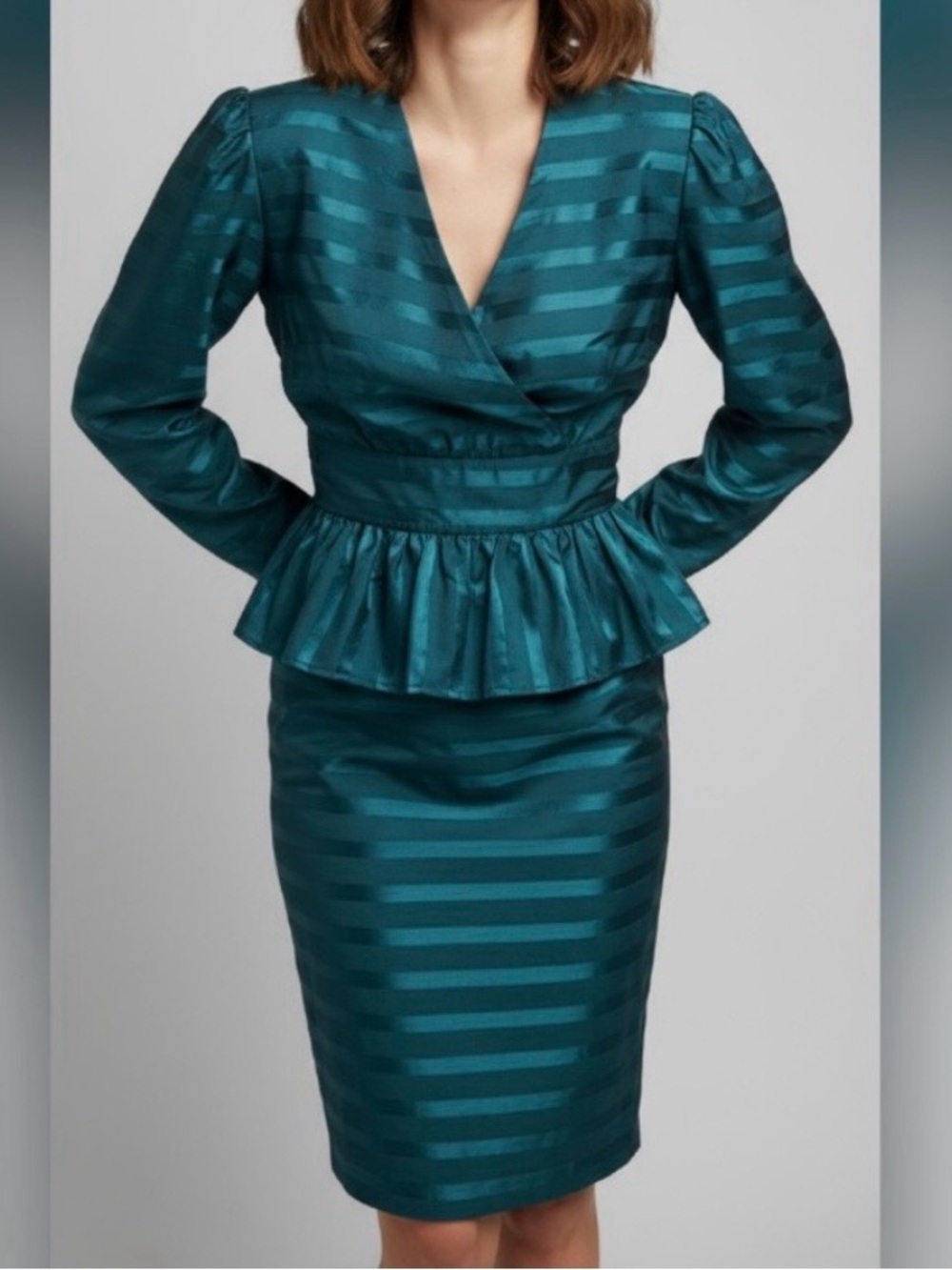 Albert Nipon Skirt Set Vintage 80’s Teal Satin Top & Peplum Skirt 6 Cocktail